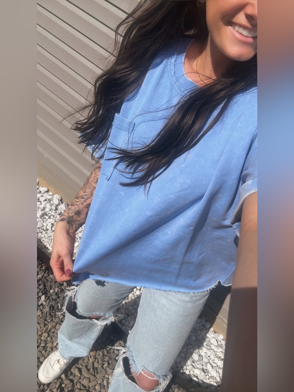 Zenana Acid Wash Blue Women's Relaxed Pocket Tee - Picture 3 of 4